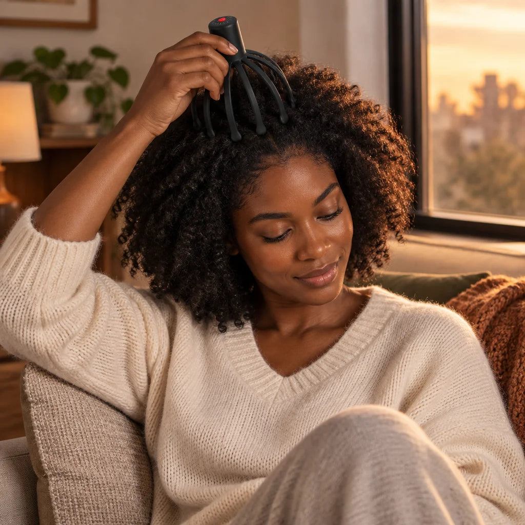 Photo lifestyle hyper réaliste, haute définition, femme noire adulte dans un intérieur chaleureux en