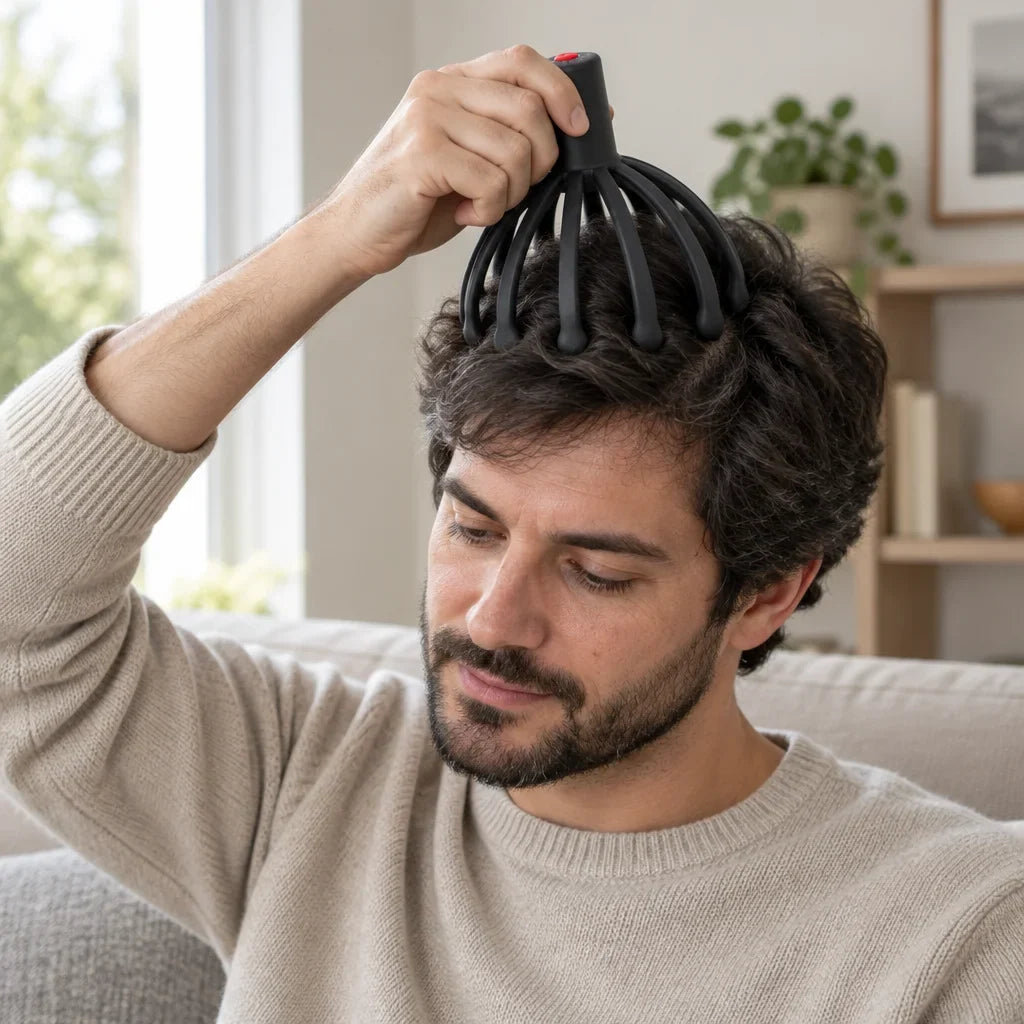 Homme utilisant le masseur pieuvre rechargeable Nuvéa sur le cuir chevelu