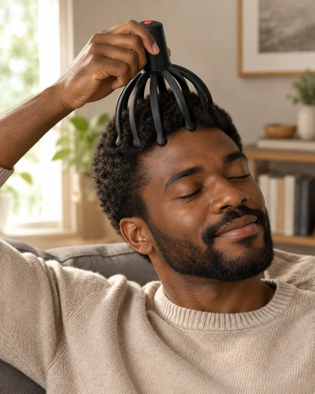 Photo lifestyle hyper réaliste, haute définition, homme noir adulte dans un intérieur calme après un